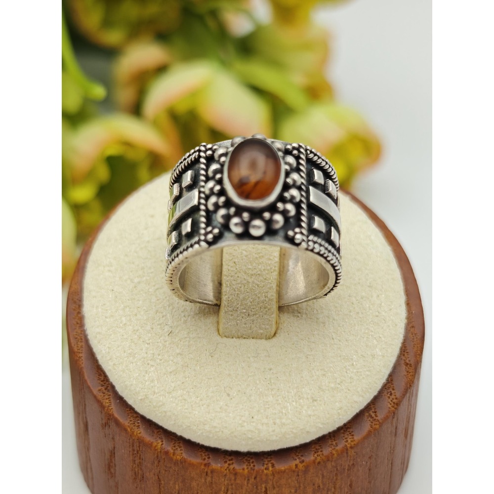 Artisan Handmade Amber & Sterling Silver Ring, Size 5.5 Boho or Brutalist Style